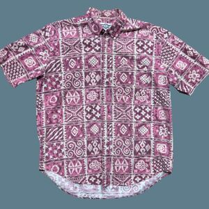 Gulf Traders Vintage 80s Pink White Abstract Button Front Shirt Mens Size Medium